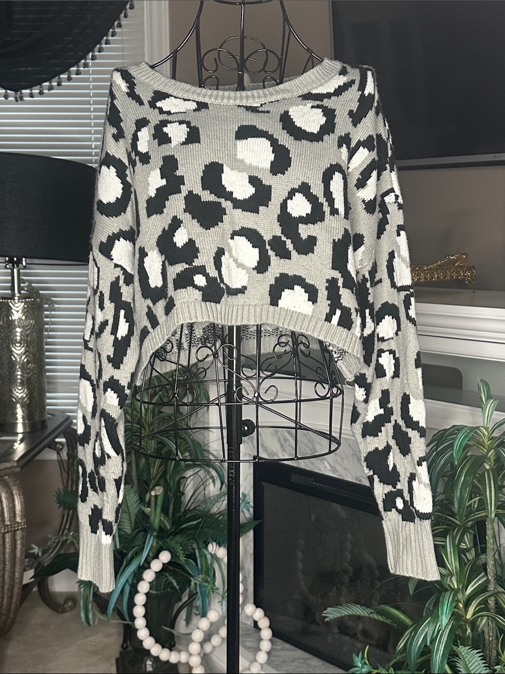 Fashion Nova Gray Black and White Leopard Print Cropped Cowl Sweater